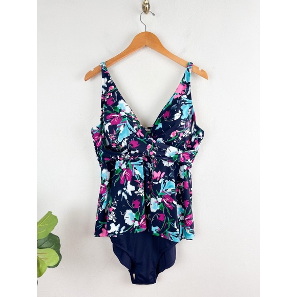 NWT Swimsuits For All Floral Twist Front Plunge Neck One Piece Sz 20 - Picture 1 of 12